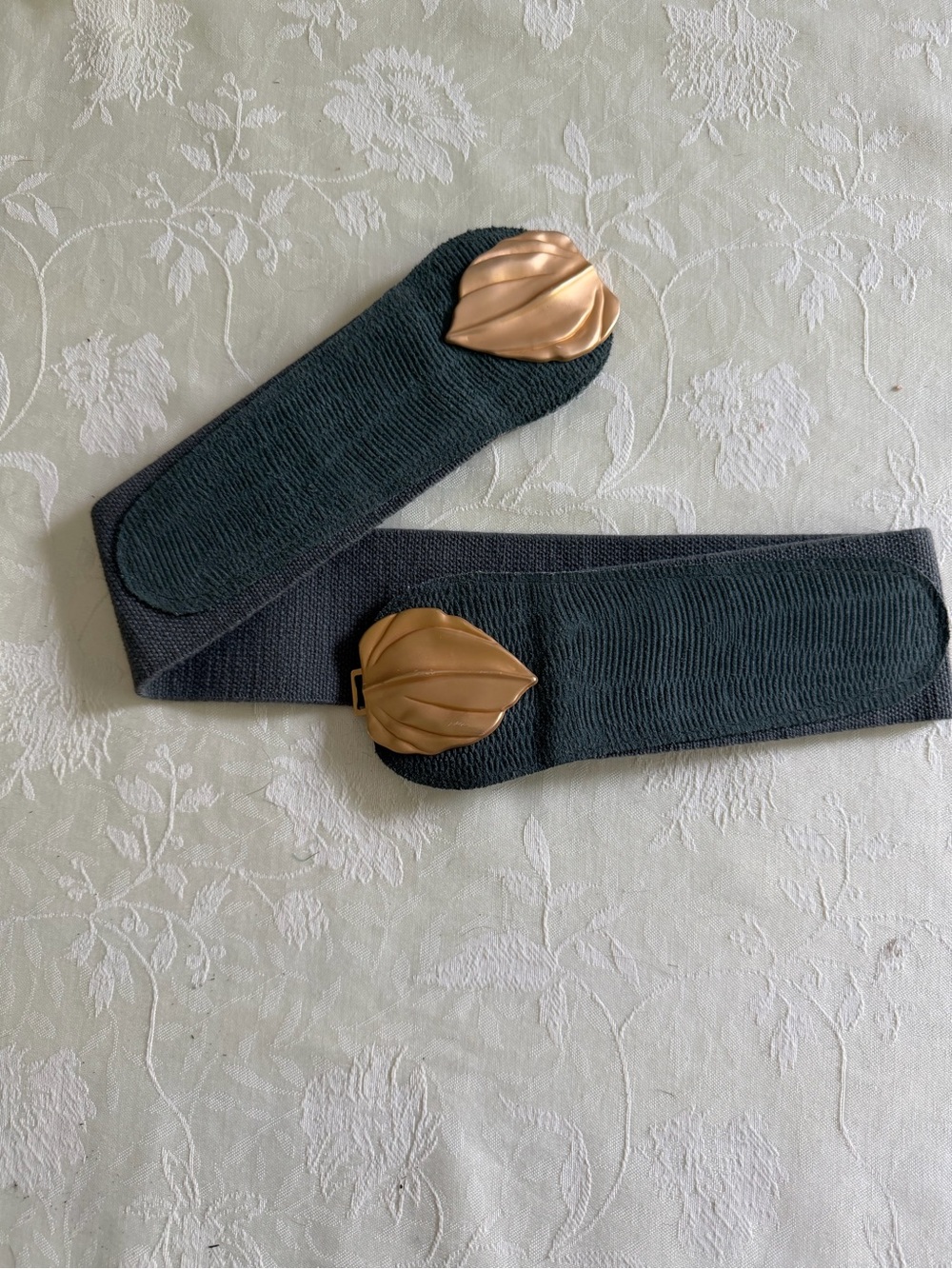 Vintage Wide Stretch Belt Gold Shell Buckle Green Elastic Genuine Leather
